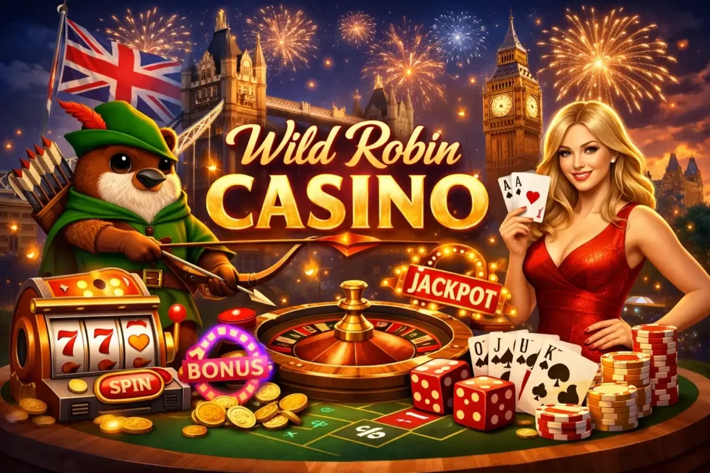 Wild Robin Casino games illustration with roulette wheel, cards, dice, slot machine and London landmarks in the background