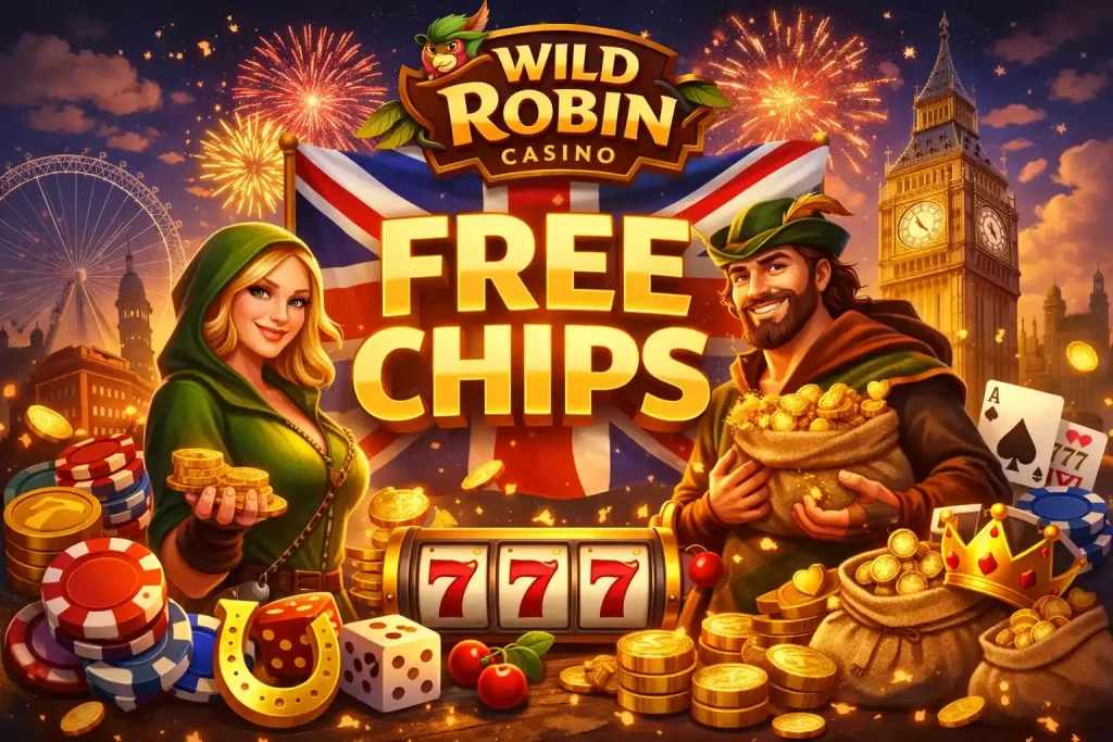 Free Chips promotion artwork for Wild Robin Casino UK featuring gold coins, slot machine, Union Jack background, and glowing casino rewards theme