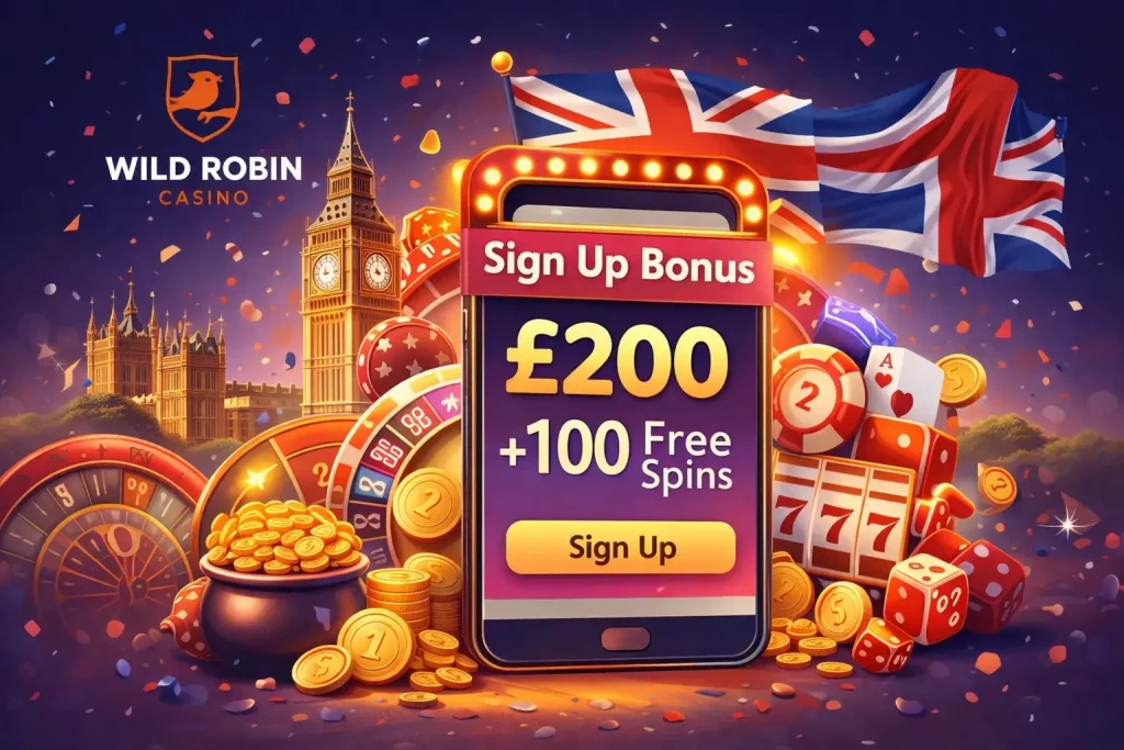 Wild Robin Casino UK sign up bonus illustration with £200 bonus, free spins, smartphone interface, roulette wheel, cards, dice and British landmarks in the background