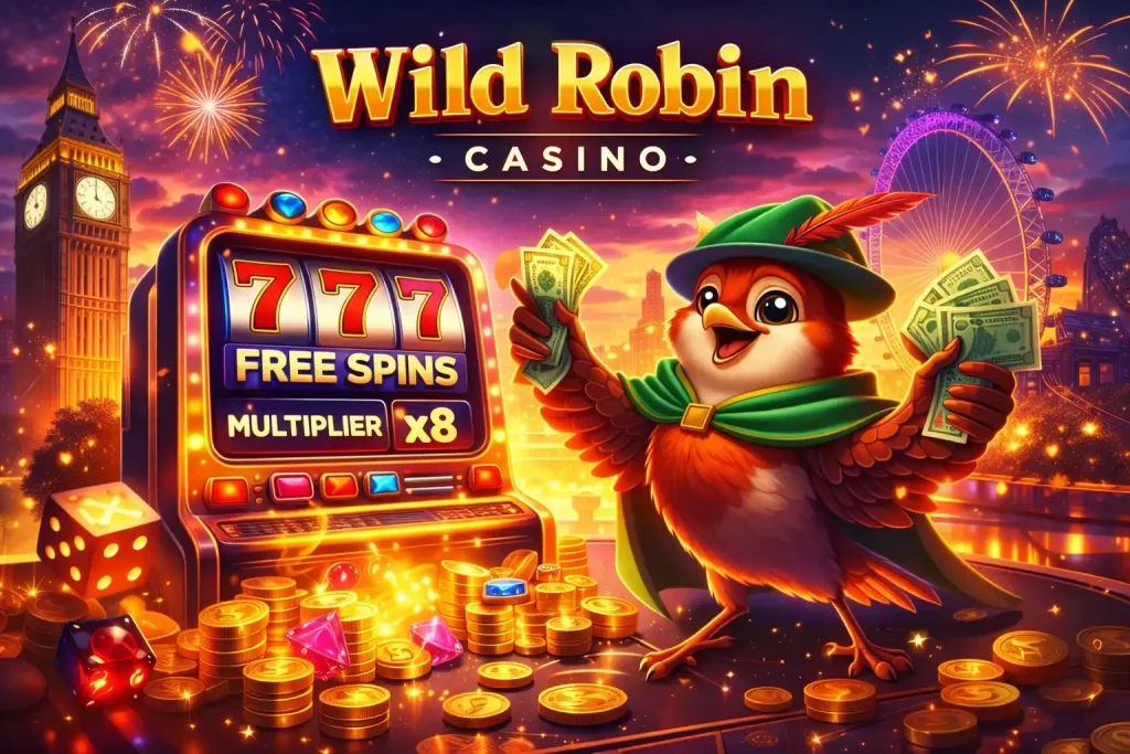 Wild Robin Casino slots illustration with glowing slot machine, free spins bonus, robin mascot and London skyline in the background