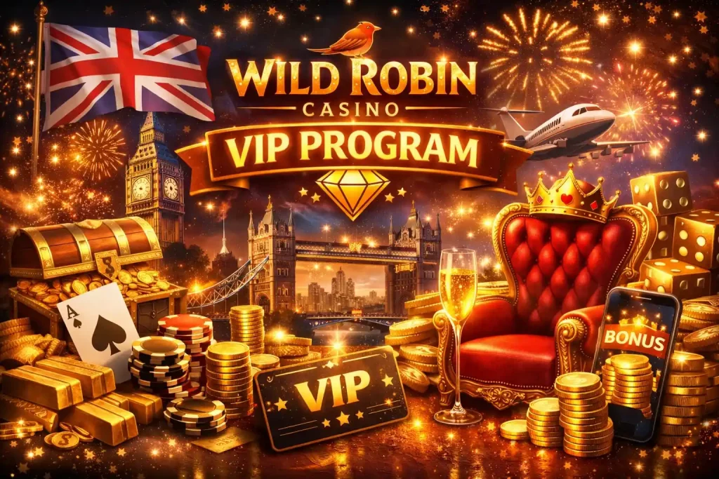 VIP Program promotion artwork for Wild Robin Casino UK featuring luxury throne, gold coins, VIP card, and London landmarks with premium casino atmosphere.