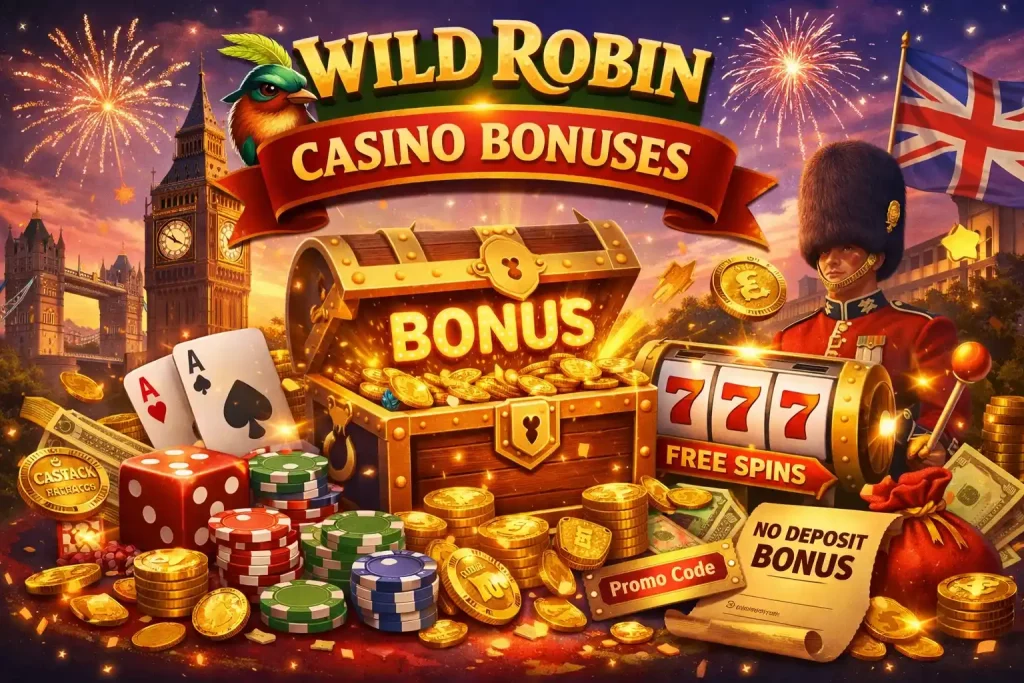 Wild Robin Casino bonus illustration with UK theme, free spins, no deposit bonus and promo code rewards