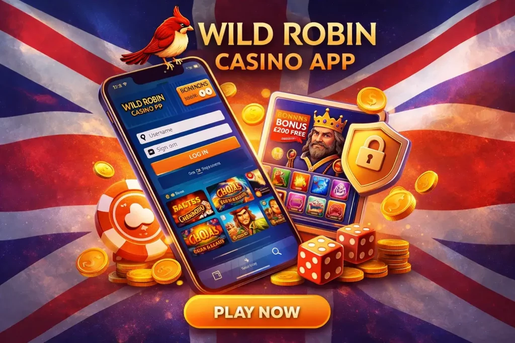 Wild Robin Casino app illustration with mobile gameplay, bonus offers, secure login and UK themed design