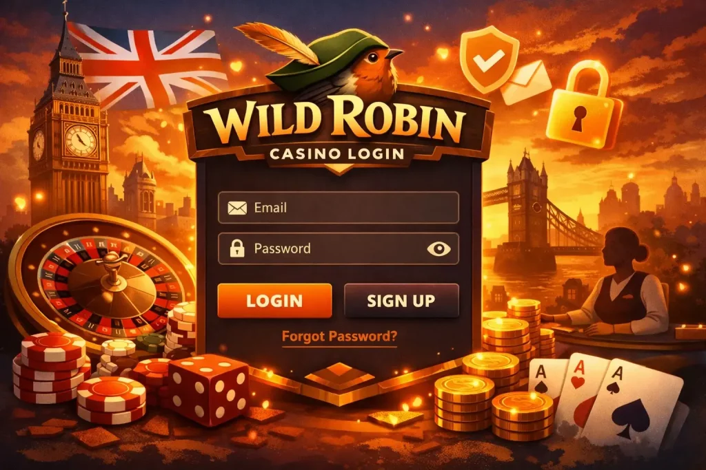 Wild Robin Casino login page illustration with UK landmarks, roulette, cards and secure account access concept