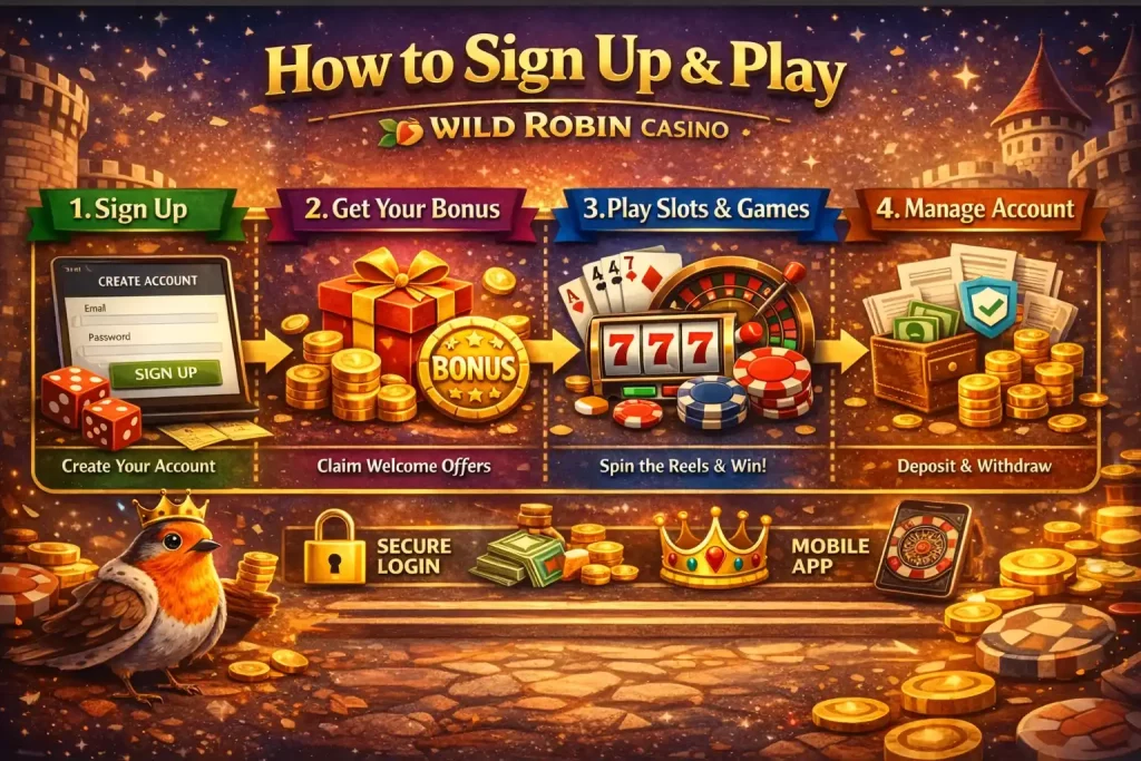 Wild Robin Casino sign up process illustration showing account registration, bonus activation, playing slots and managing account for UK players